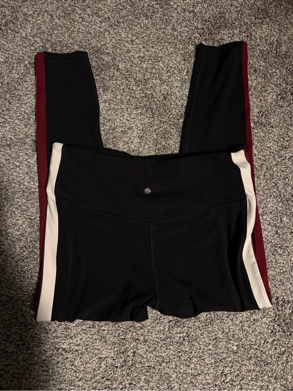 Athleta Black High-Rise Leggings with Burgundy and White Side Panels